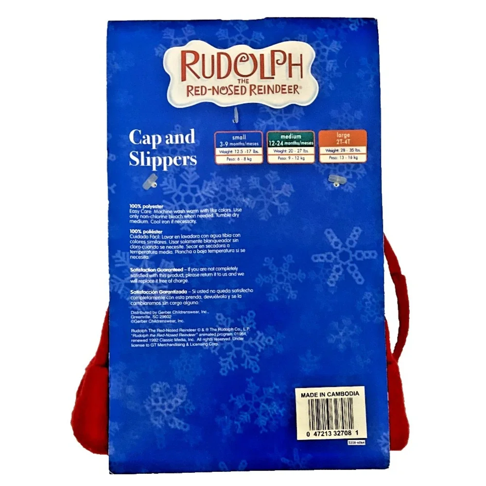 RUDOLPH THE RED-NOSED REINDEER Cap & Slippers Baby 12.5-17 Lbs. Small 3-9 Months